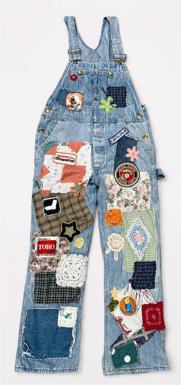 RILEY VINTAGE FREE PEOPLE ECLECTIC PATCHES PATCH DENIM JEANS OVERALLS SZ S